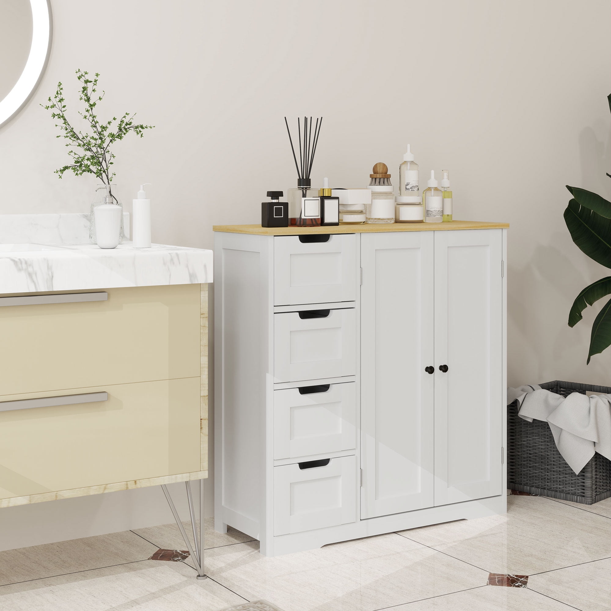 HOMCOM Bathroom Floor Cabinet with Adjustable Shelf, Freestanding Bathroom Storage Cabinet with 4 Drawers and 2 Doors, White