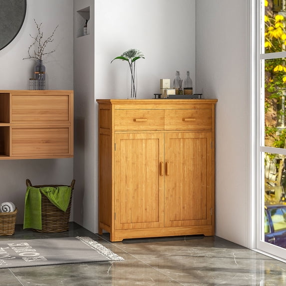HOMCOM Bathroom Storage Cabinet, Bamboo Floor Cabinet Organizer with Doors and Adjustable Shelves, Natural