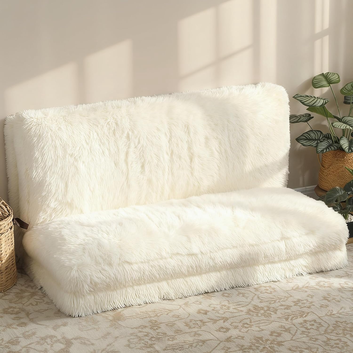 HOMCOM Bean Bag Chair Floor Sofa Bed for Adults, Thick Long Folding Sofa Bed 54 x102 in, Wall Couch Sleeper Chair Floor Mattress for Living Room, Cream White