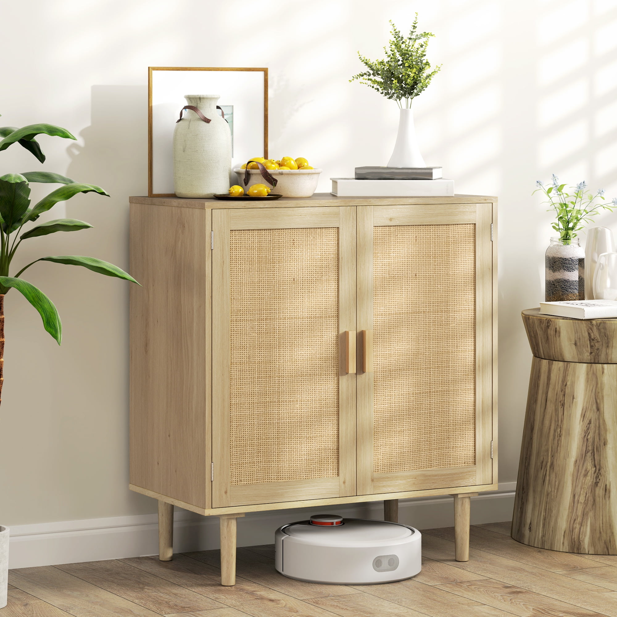 Natural Oak Bohemian Sideboard with Rattan Doors and Shelves