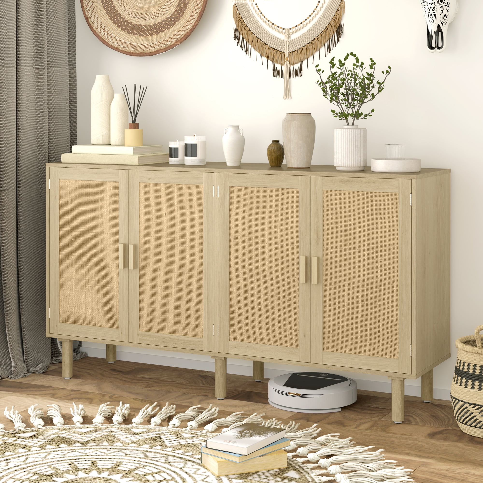 Oak Bohemian Sideboard with Rattan Doors and Shelves
