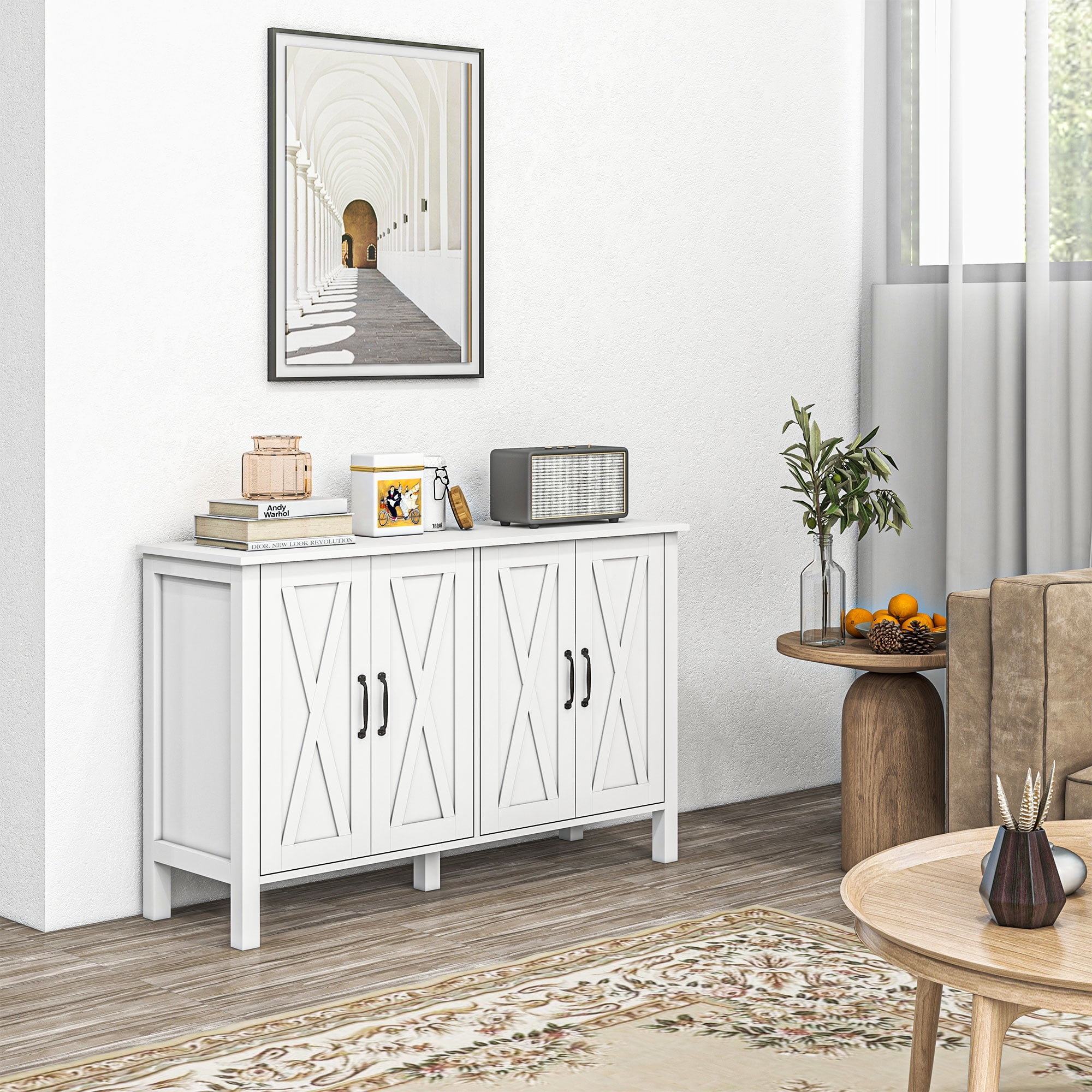 White Farmhouse Wood Sideboard Buffet Cabinet with Barn Doors