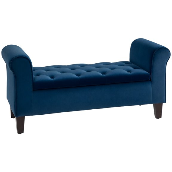 Homiyad Button-Tufted Storage Ottoman Bench, Upholstered Bench with Rolled Armrests for Living Room or Hallway, Blue