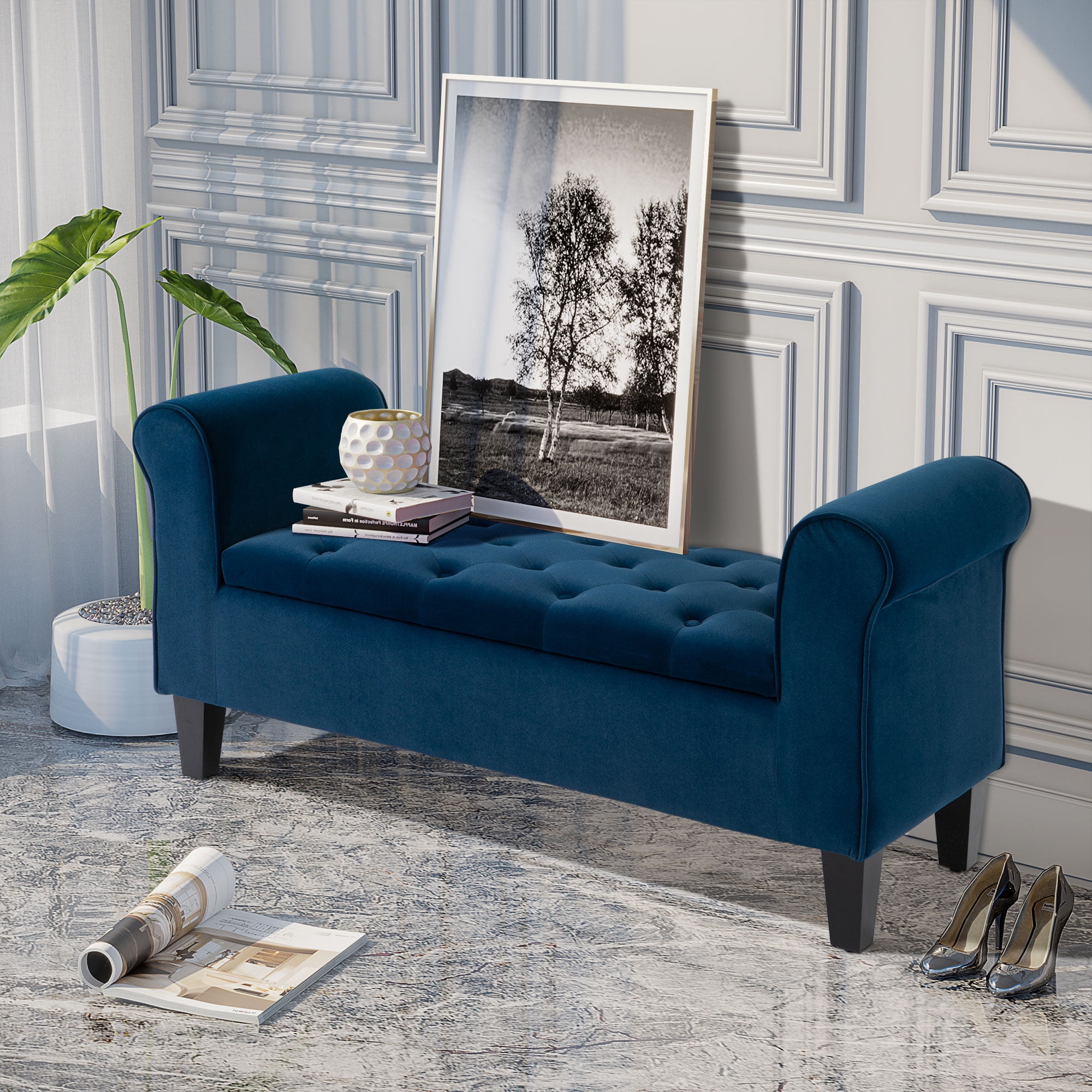 Elegant Blue Velvet Button-Tufted Ottoman Bench with Storage and Rolled Armrests