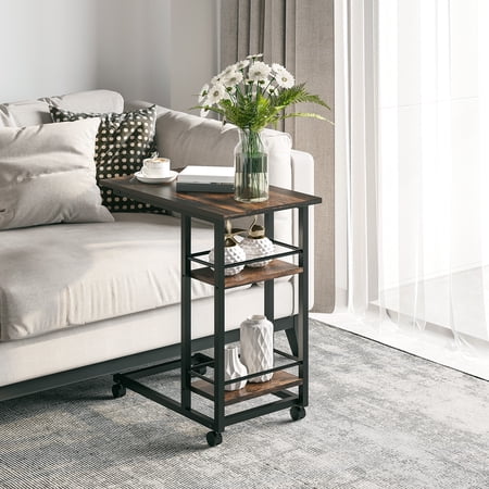 HOMCOM C Shaped End Table with Storage Shelves, Mobile Side Table with Wheels for Sofa Couch, Bed, Metal Frame, Rustic Brown