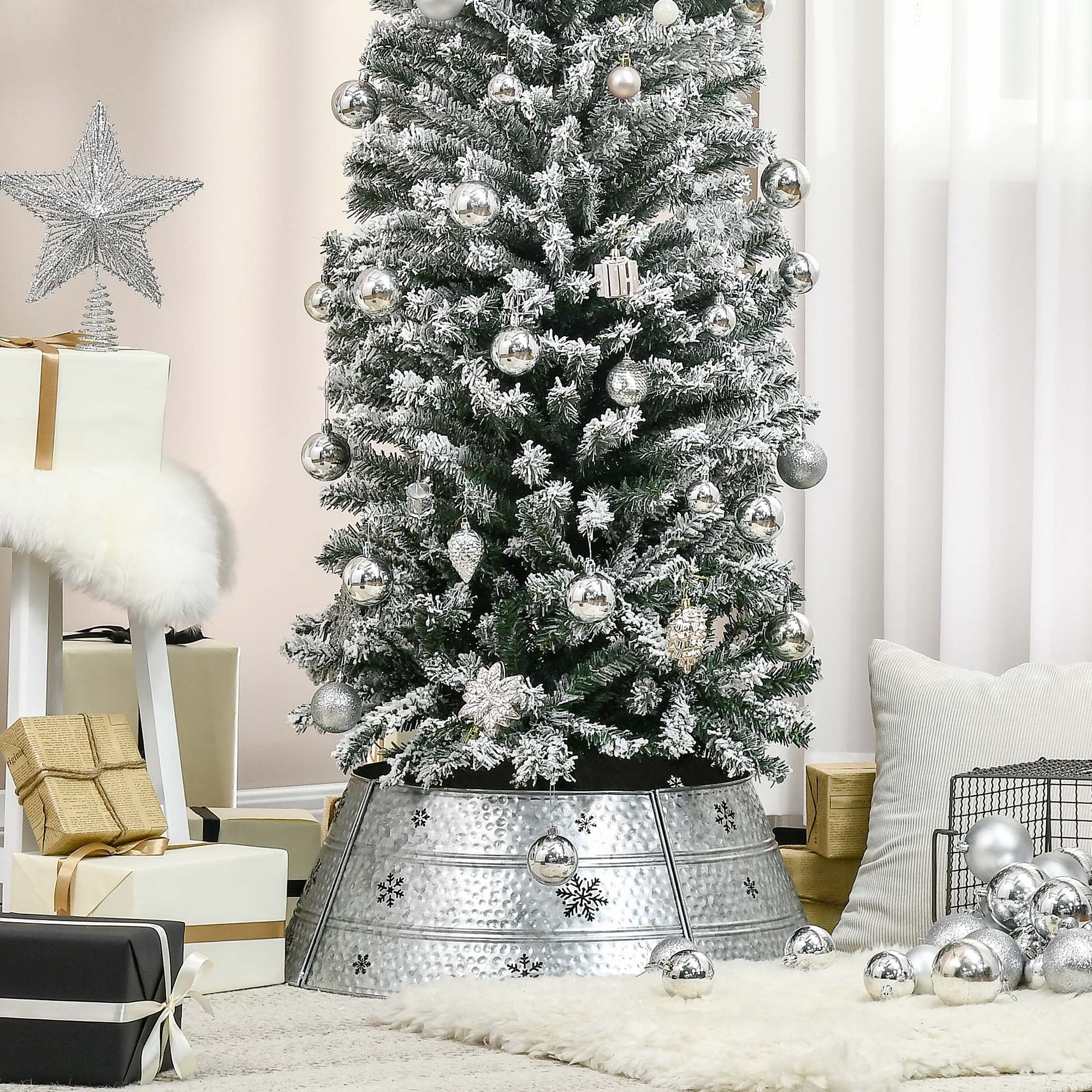 Bright Silver Steel Christmas Tree Collar with Snowflake Pattern