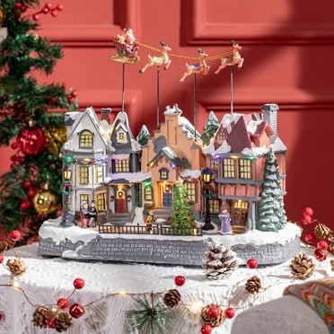 HOMCOM Christmas Village, Santa & Deer Skating Pond Animated Winter Wonderland Set with Multicolored LED Light, Battery Operated Christmas Decoration