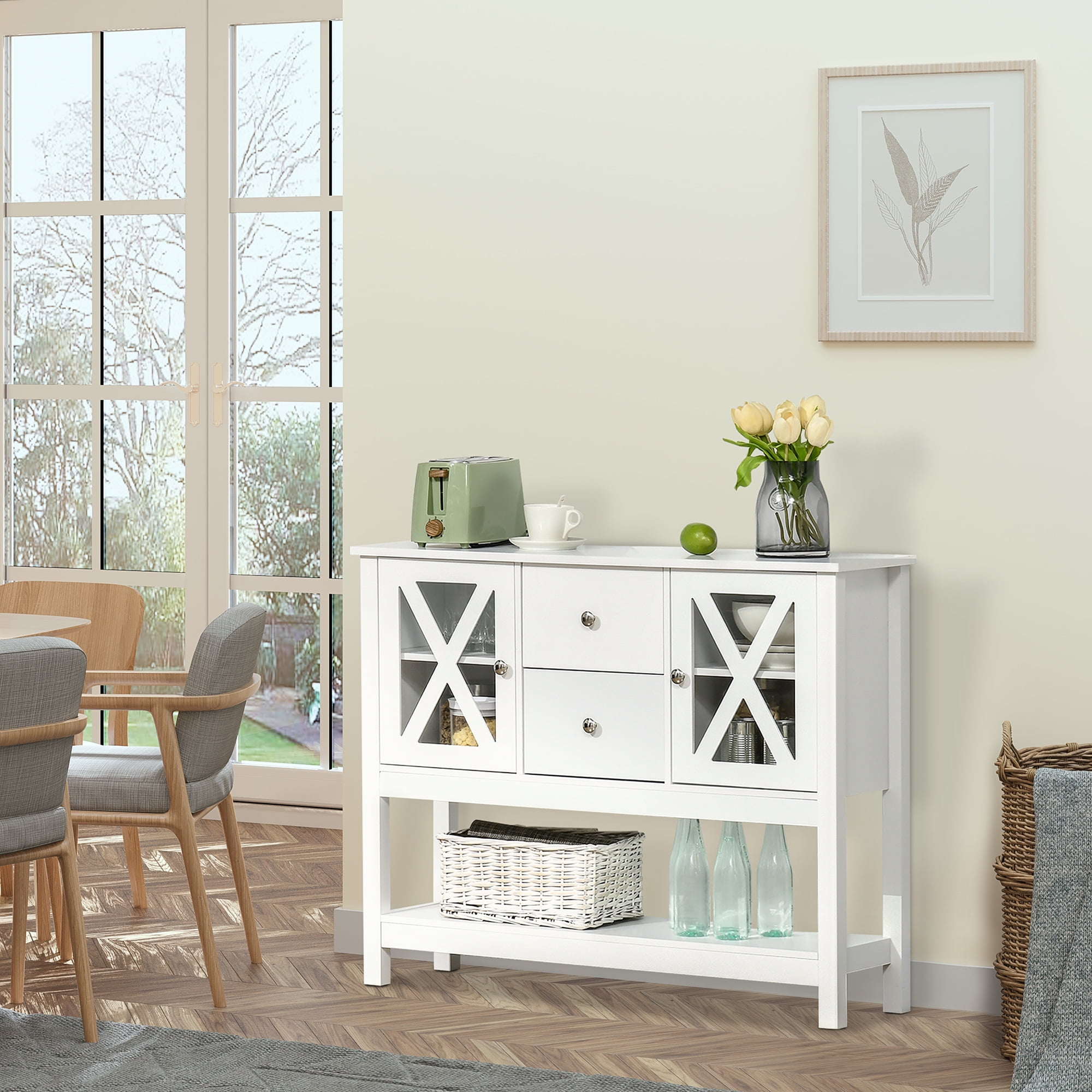 Elegant 70" White Freestanding Kitchen Buffet with Adjustable Shelving