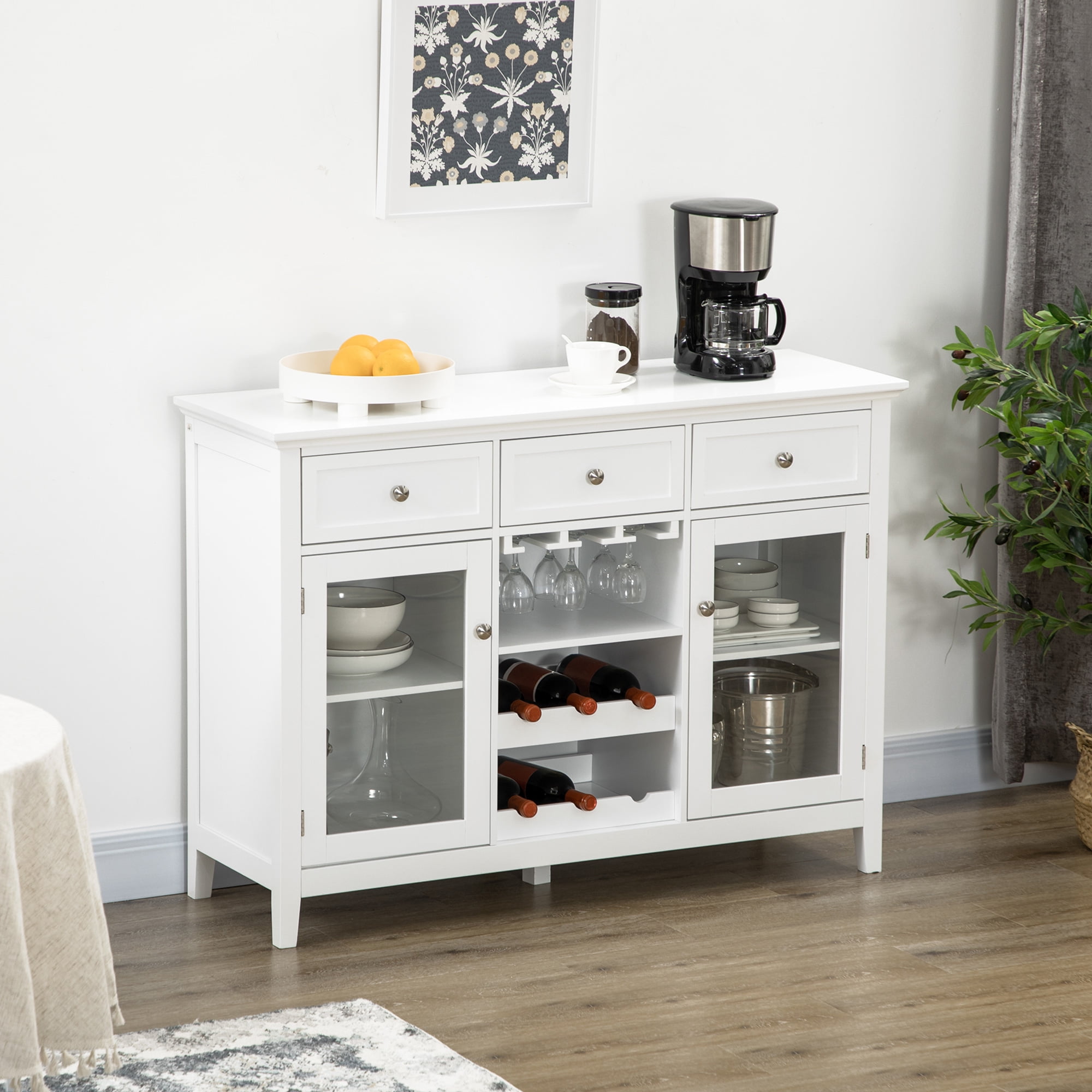 HOMCOM Coffee Bar Cabinet with 3 Drawers, 6-Bottle Wine Rack, Stemware ...