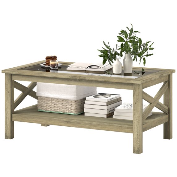 HOMCOM Coffee Table with Wood Frame for Living Room, Gray