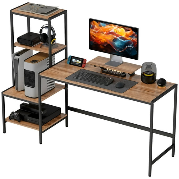 HOMCOM Computer Desk with Monitor Stand 4-Tier Shelf Home Office Desk Brown