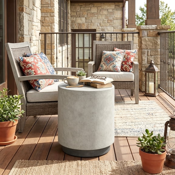 HOMCOM Concrete End Table, Round Side Table with Wood Grain Finish, Indoors and Outdoors Use, Gray