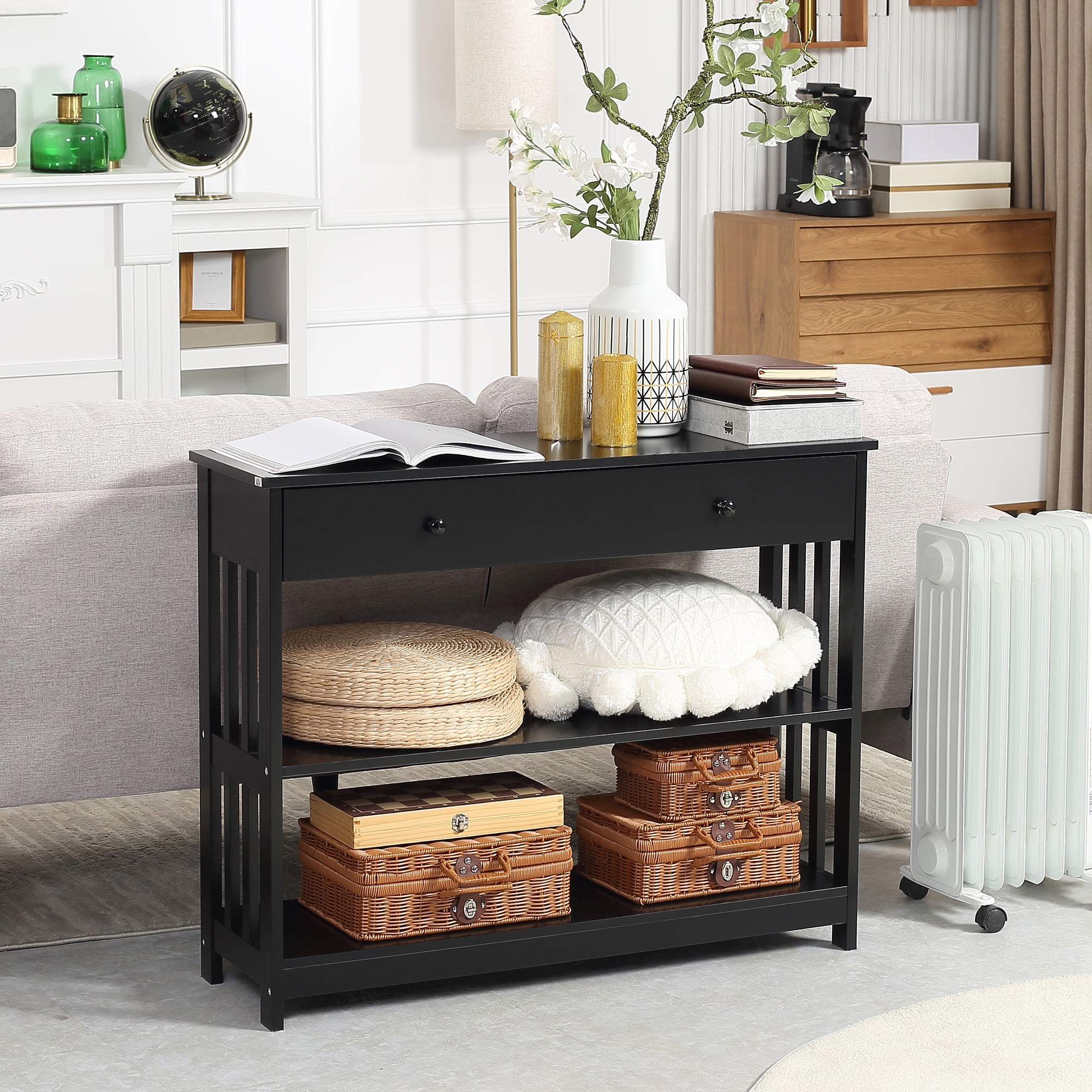 HOMCOM Console Hallway Table with Extra Wide Pull Out Drawer, 2 Open ...