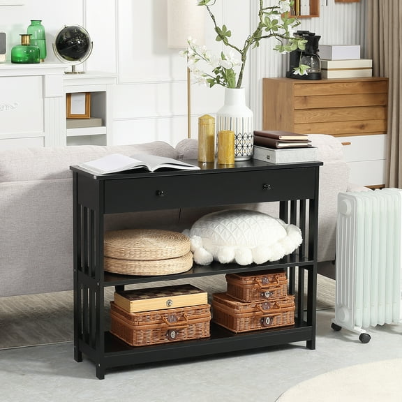 HOMCOM Console Hallway Table with Extra Wide Pull Out Drawer, 2 Open Shelves and Slatted Wood Frame Design, Black