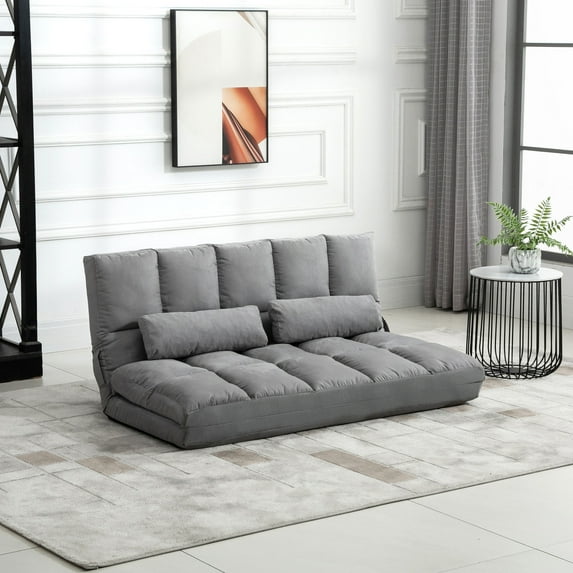 HOMCOM Convertible Floor Sofa Chair, Folding Couch Bed, Guest Chaise Lounge with 2 Pillows, Adjustable Backrest and Headrest, 51.25" L, Light Gray