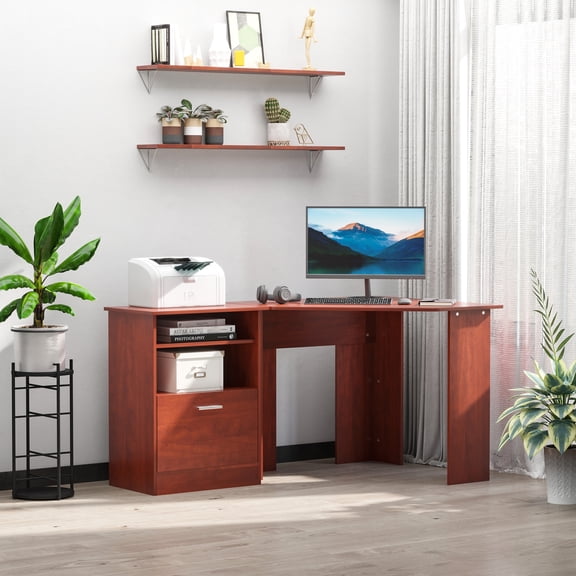 HOMCOM Corner Computer Desk with Printer Cabinet, Cherry