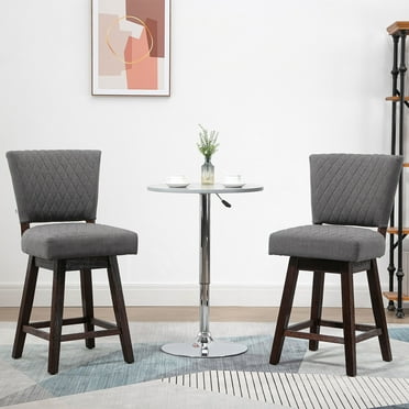 HOMCOM Counter Height Bar Stools, Set of 2, Swivel Barstools 26.5 Inch Seat Height with Back, Rubber Wood Legs and Footrests, for Kitchen Dining Room Pub, Grey