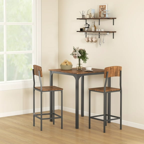 HOMCOM 3 Piece Bar Table and Chairs Set, Industrial Small Dining Table Set for 2, Square Kitchen Table and Stools, Walnut and Black