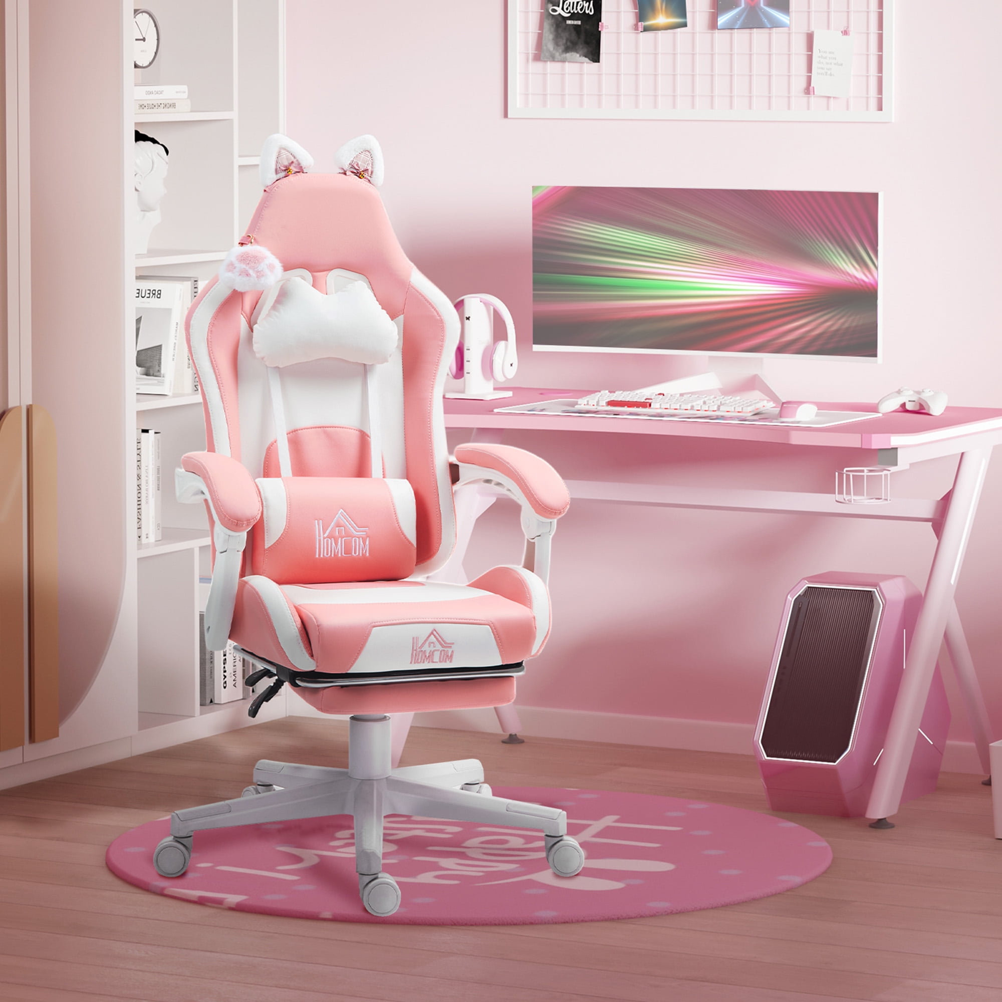 Pink Faux Leather Reclining Gaming Chair with Footrest and Cat Ears
