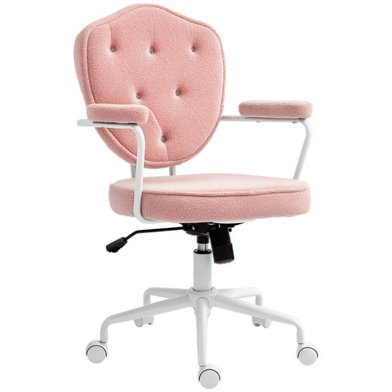 HOMCOM Cute Home Office Chair, Computer Desk Chair with Button Tufted Teddy Bear Fleece, Swivel Vanity Chair, Pink