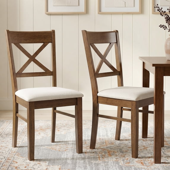 HOMCOM Dining Chairs Set of 2, Upholstered Kitchen Chairs with Rubberwood Frame, Padded Seat and X-Back for Living Room, Dining Room, Walnut
