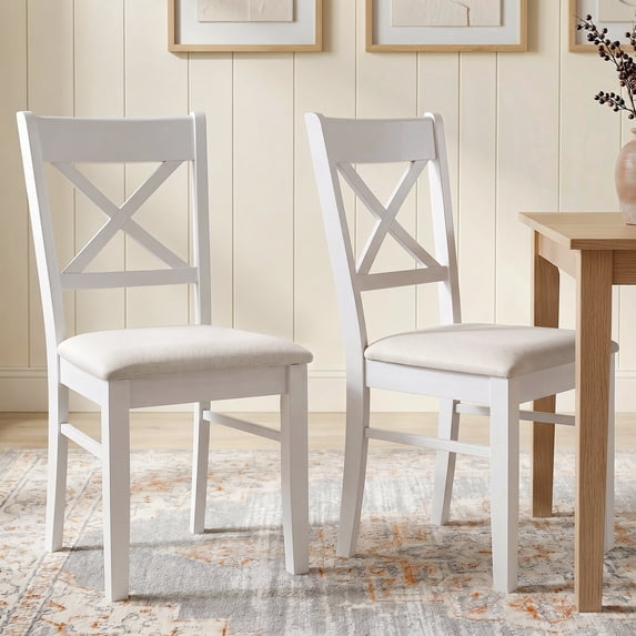 HOMCOM Dining Chairs Set of 2, Upholstered Kitchen Chairs with Rubberwood Frame, Padded Seat and X-Back for Living Room, Dining Room, White