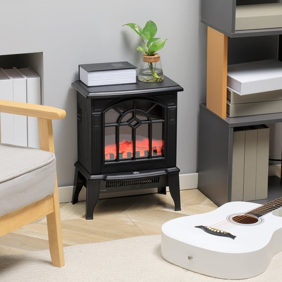 HOMCOM Electric Fireplace Heater, Fireplace Stove with Realistic LED Flames and Logs and Overheating Protection, 750W/1500W, Black