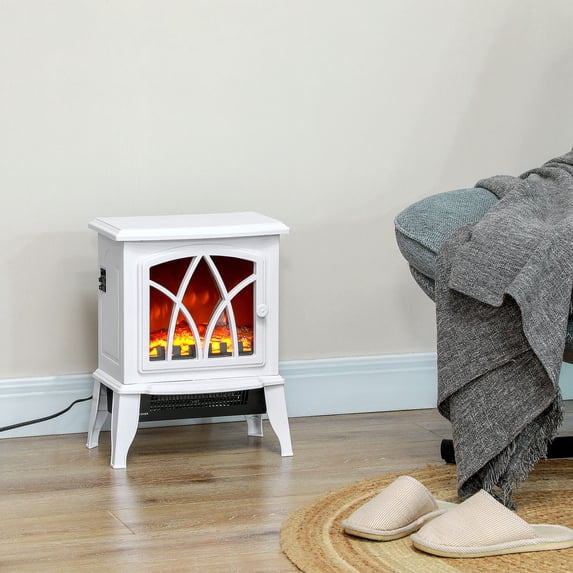 HOMCOM Electric Fireplace Heater, Fireplace Stove with Realistic LED Flames and Logs and Overheating Protection, 750W/1500W, White