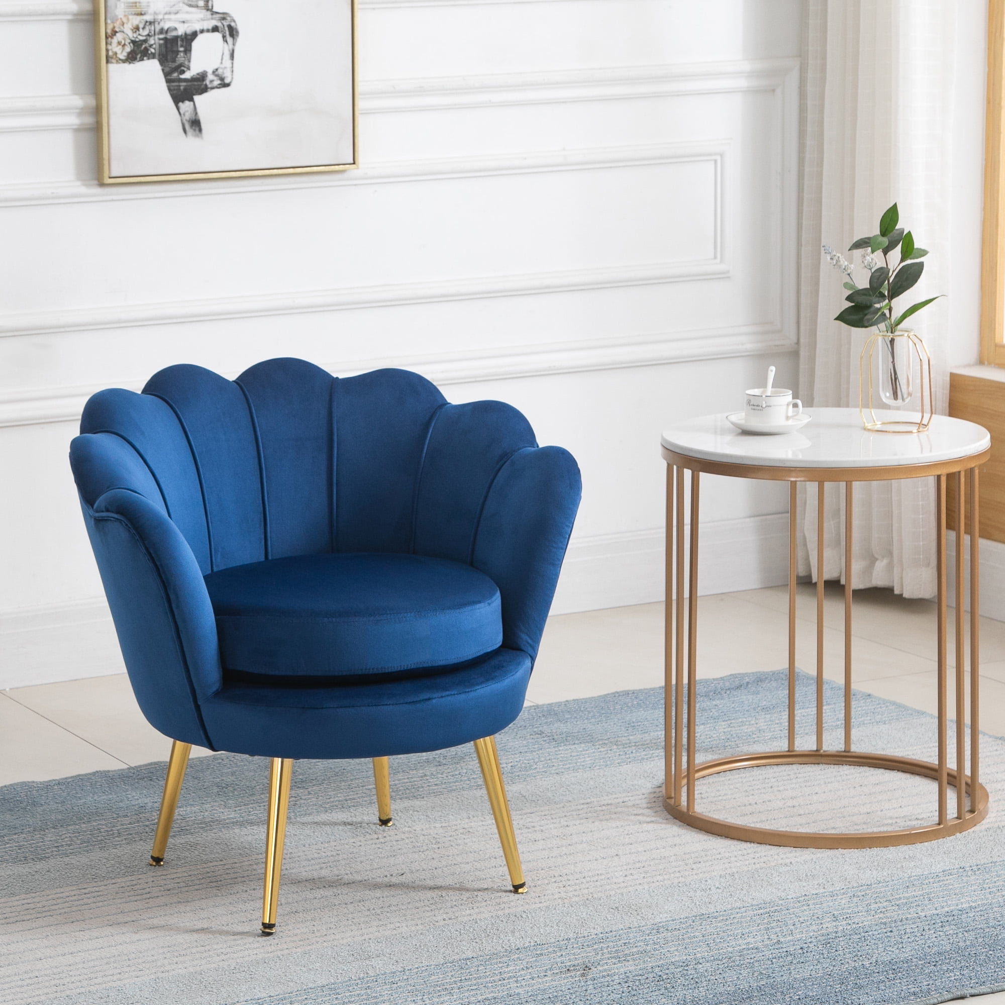 Elegant Lotus Blue Velvet Accent Chair with Gold Metal Legs