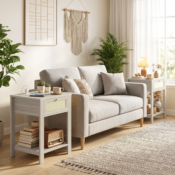HOMCOM End Table Set of 2 with Charging Station, Side Tables with Drawer, Storage Shelf, Boho for Living Room, Natural Wood