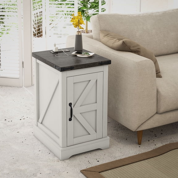 HOMCOM End Table with Charging Station and USB Ports, Farmhouse Side Table with Storage Cabinet for Living Room, Distressed White