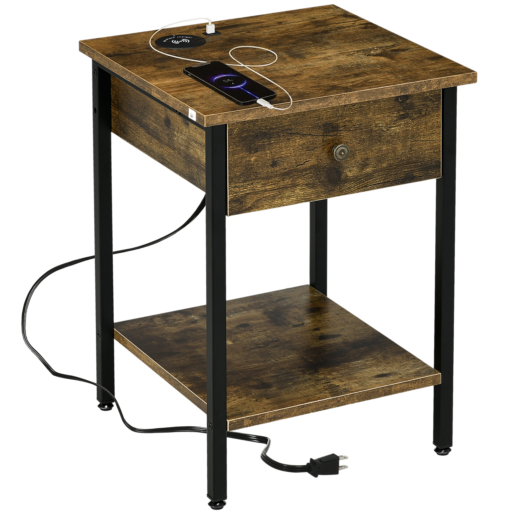 End Table with Wireless Charging Station, 2 USB Ports, Rustic
