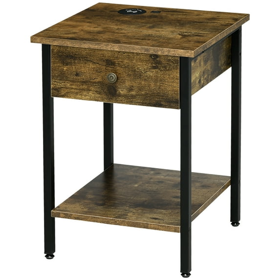 HOMCOM End Table with Wireless Charging Station, 2 USB Ports, Rustic Brown