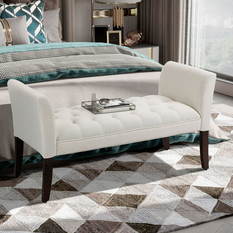 HOMCOM End of Bed Bench with Button Tufted Design Upholstered Bench with Arms and Solid Wood Legs for Bedroom Cream White