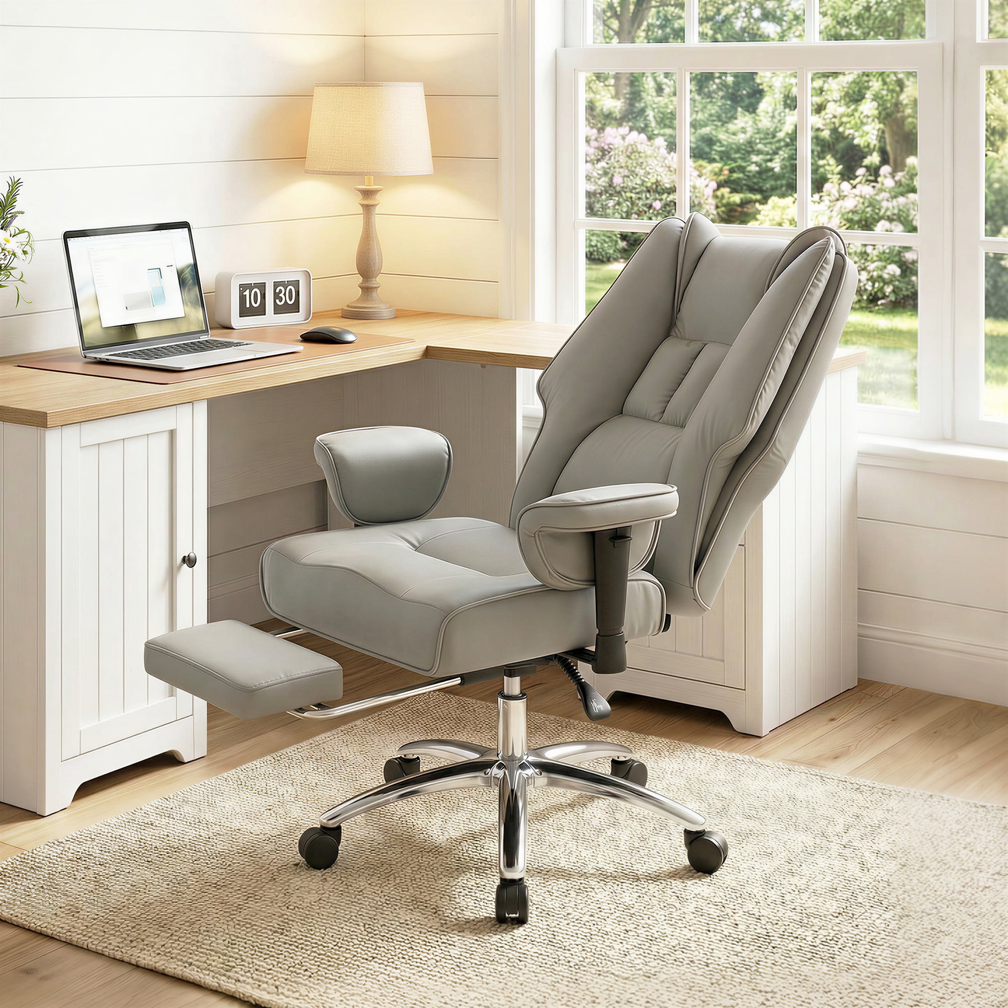 HOMCOM Ergonomic Executive Office Chair, High Back Reclining Desk Chair with Adjustable Armrests, Spring Seat, Thick Cushion, Light Gray