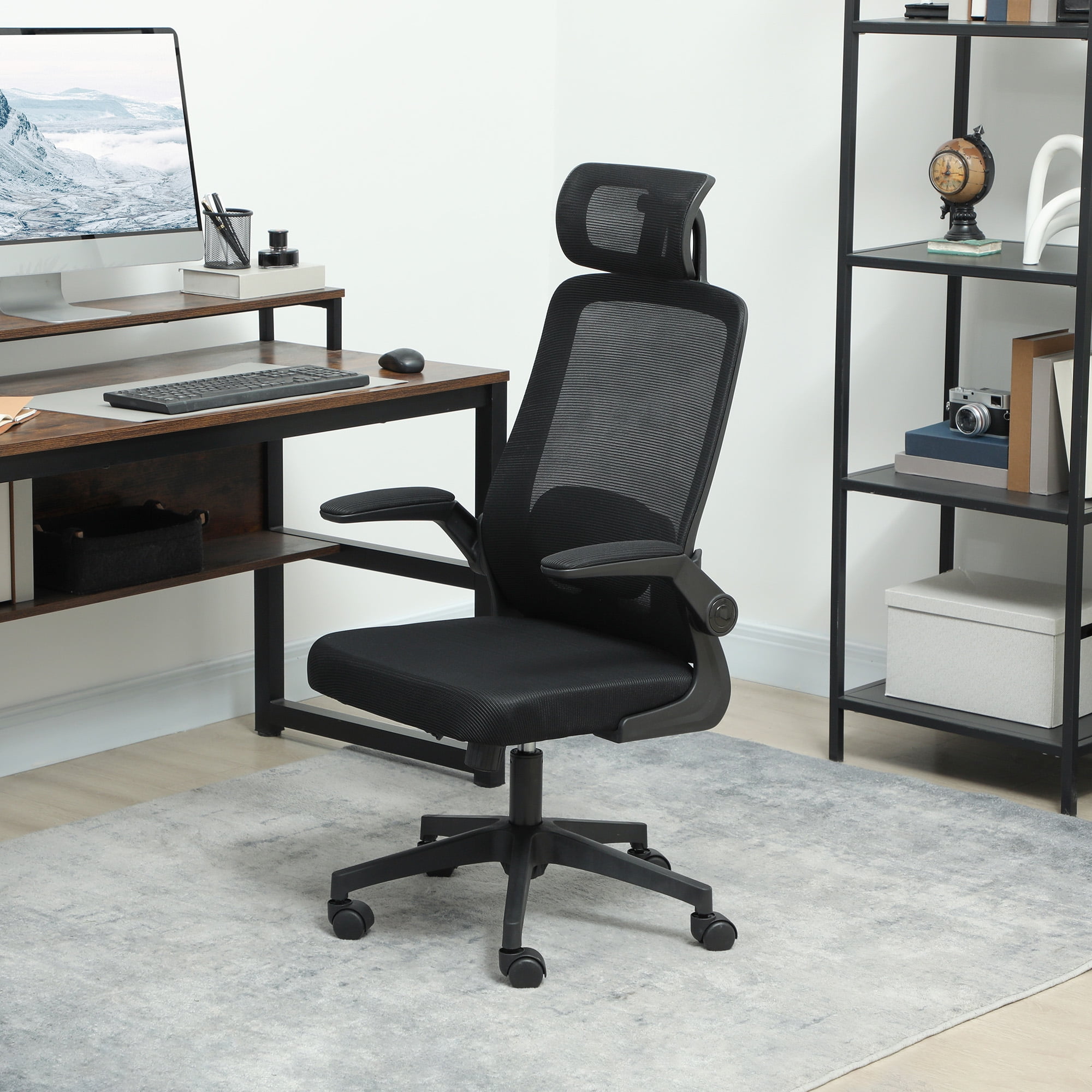 HOMCOM Ergonomic Office Chair with Flip-up Armrest, Adjustable Headrest and Lumbar Support, Mesh Desk Chair for Home Office, Black