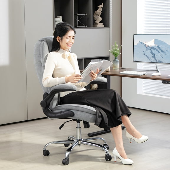 HOMCOM Executive Office Chair, Fabric Comfy Computer Desk Chair with Swivel Wheels, Flip-up Armrest, Adjustable Height, Gray