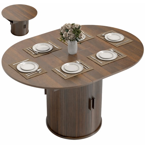 HOMCOM Extendable Dining Table for 6, 60 Inch Farmhouse Oval Kitchen Table with 2-Tier Storage Shelf and Fluted Sliding Doors, Walnut
