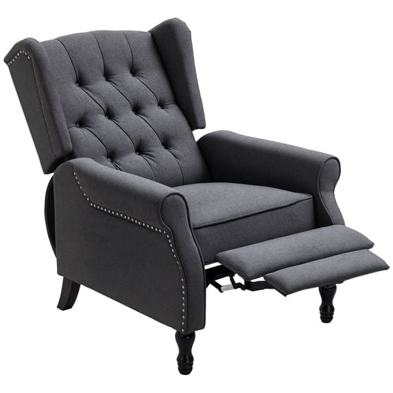 HOMCOM Fabric Upholstered Wingback Recliner, Tufted Push Back Accent Chair, Linen Arm Chair with Footrest, Armrest, Padded Cushion, Dark Grey