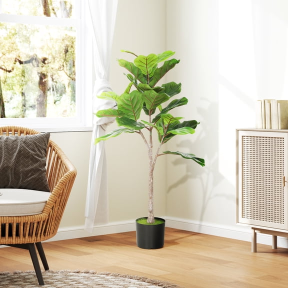 HOMCOM Fake Plant, Artificial Fiddle Leaf Fig Tree, Potted Plant with 28 PEVA Leaves and Flocked Soil, Green