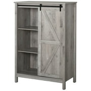 HOMCOM Farmhouse Accent Cabinet, Kitchen Cupboard Storage Cabinet with Barn Door and Adjustable Shelf, Grey Oak