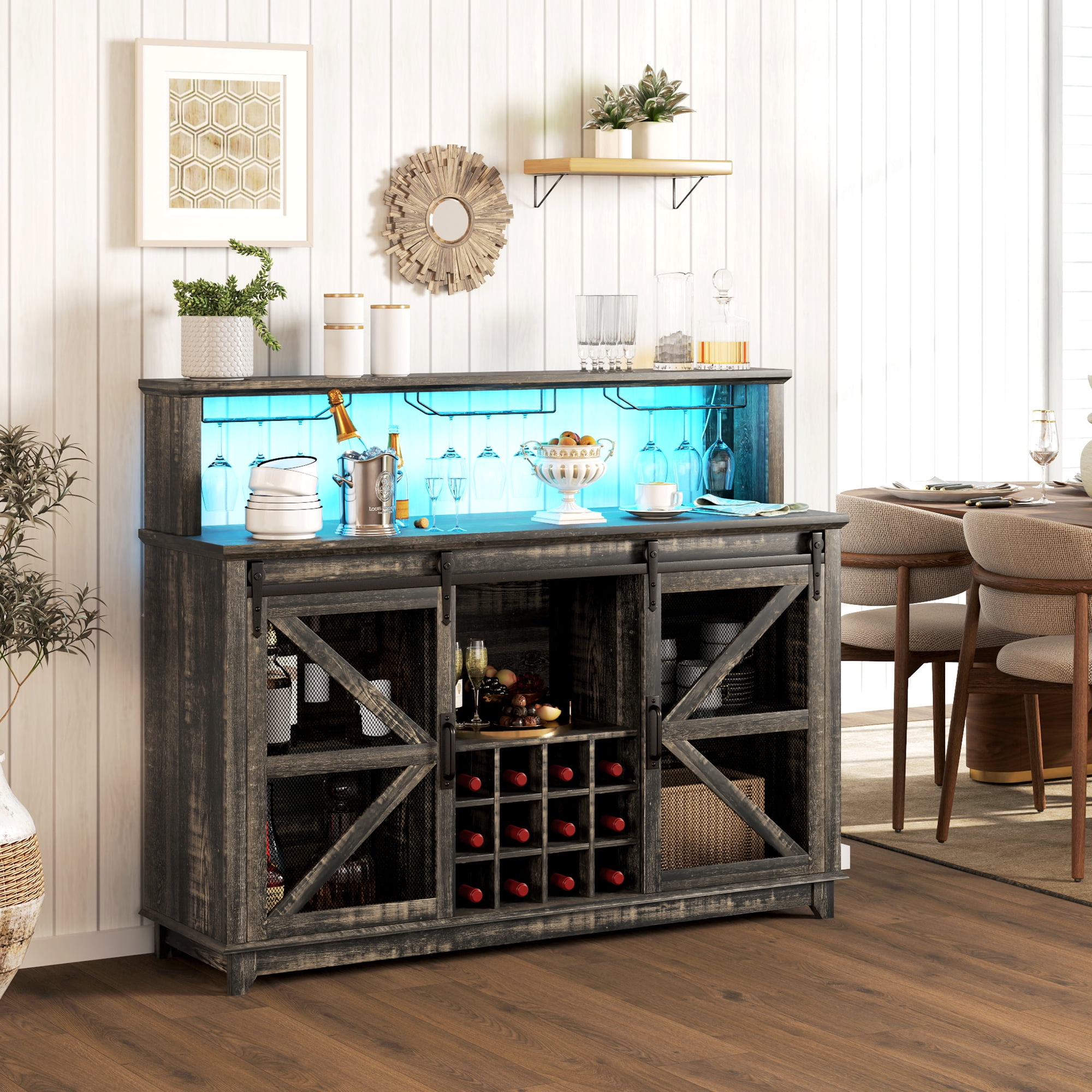 Distressed Brown Farmhouse Coffee Bar Cabinet with LED Lights and Sliding Barn Doors