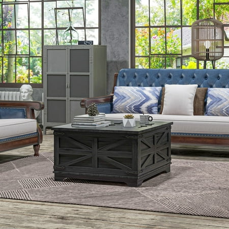 HOMCOM Farmhouse Coffee Table with Flip Top, Hidden Storage Compartment, Square Center Table for Living Room, Distressed Black