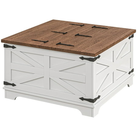 HOMCOM Farmhouse Coffee Table with Flip Top, Hidden Storage Compartment, Square Center Table for Living Room, White