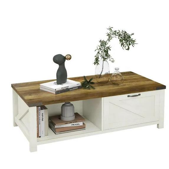 HOMCOM Farmhouse Coffee Table with Storage Drawer & Open Shelf - White & Deep Walnut Rustic Living Room Furniture