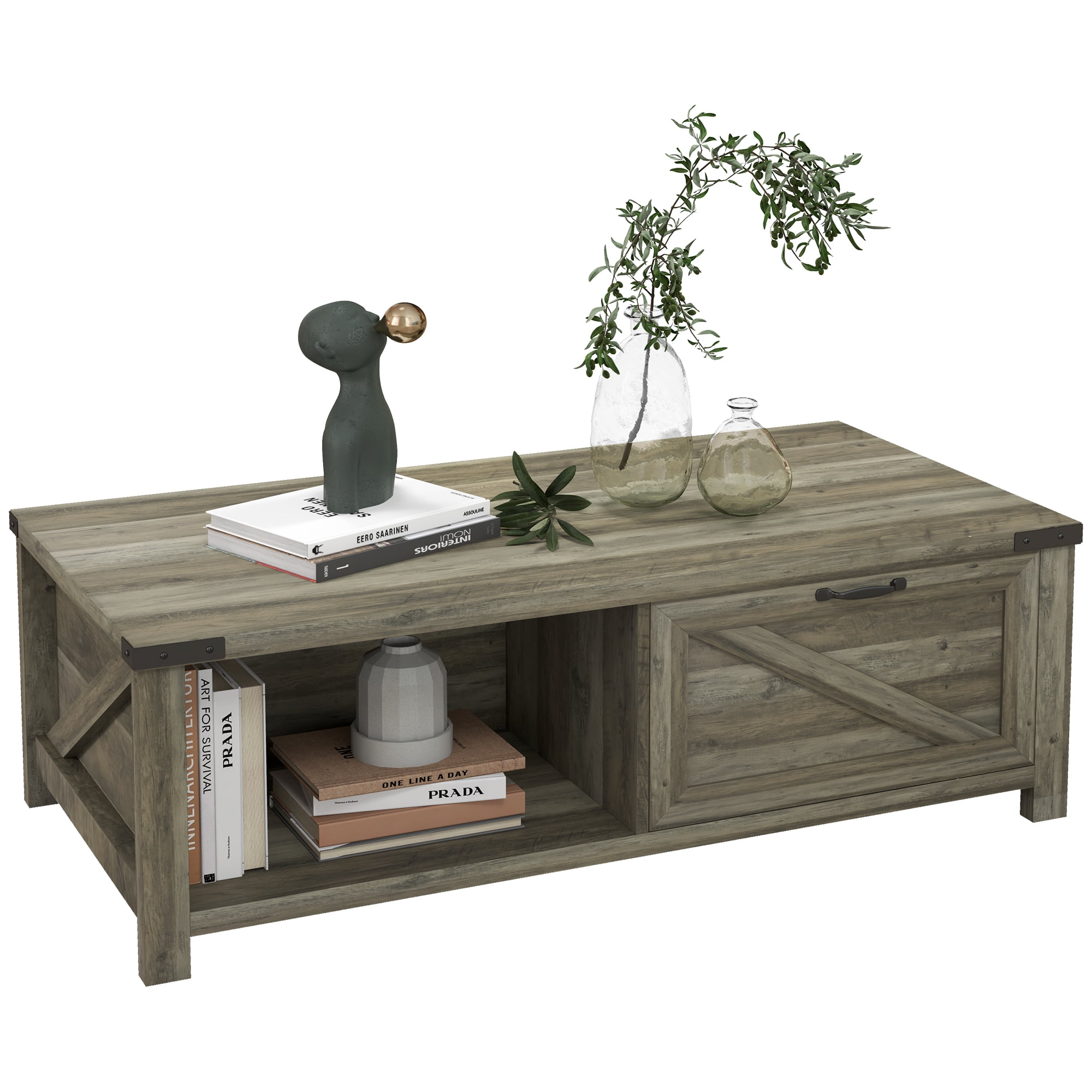 HOMCOM Rustic Barnwood Living Room Coffee Table with Storage and Drawer ...