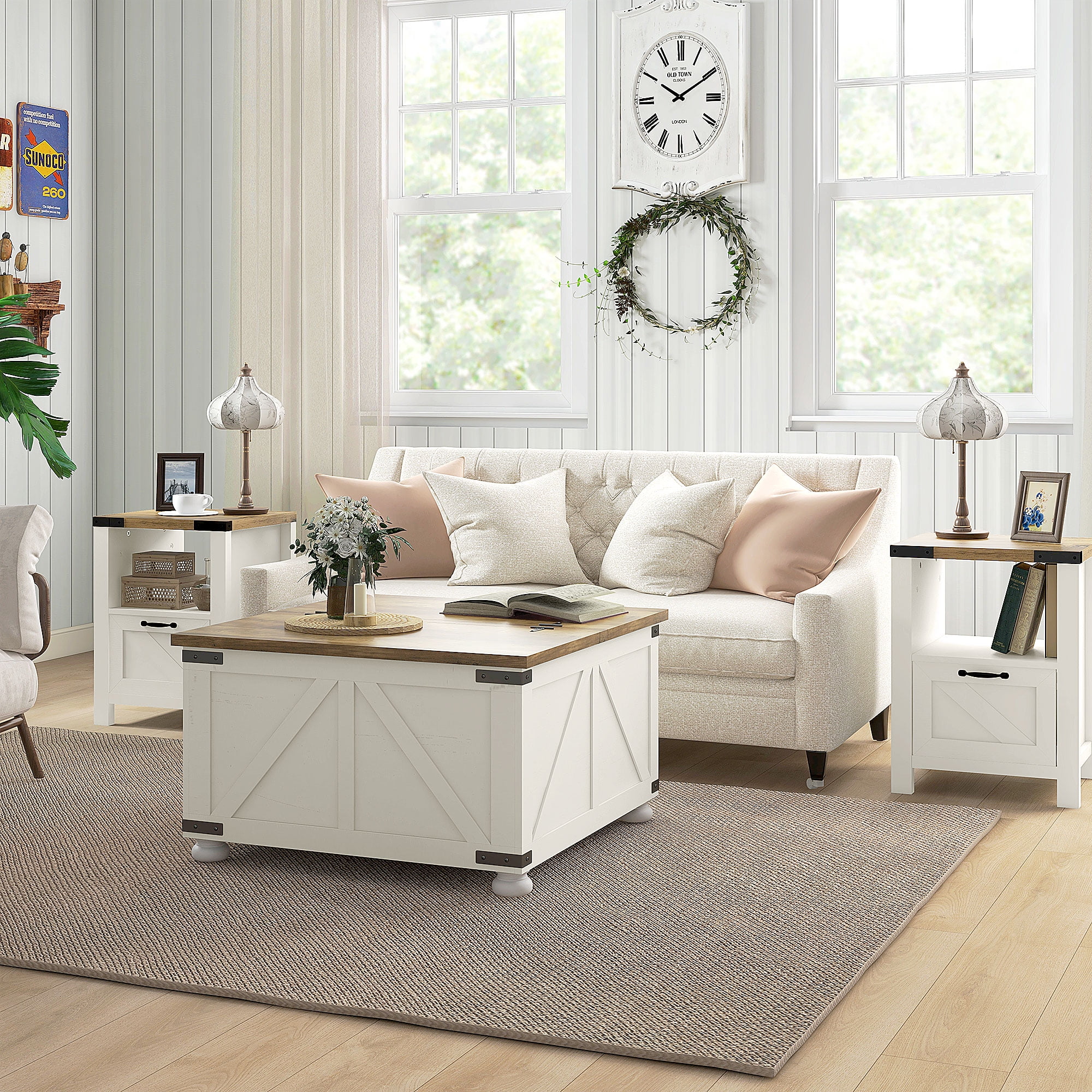 HOMCOM Farmhouse Coffee Table with Storage and Drawer White