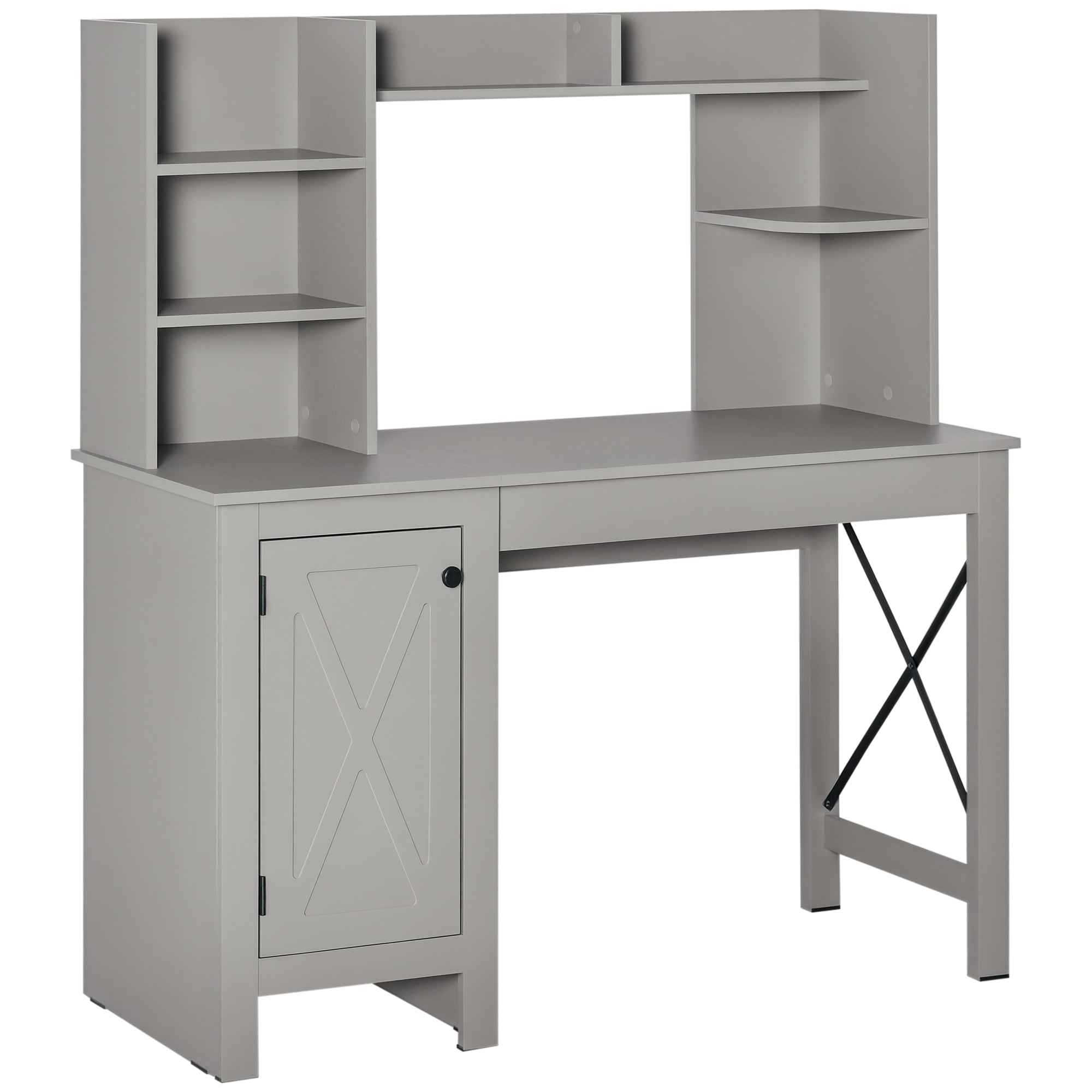 Light Grey Computer Desk with Bookshelves Cabinet Home Office Desk Storage Shelves Study Table