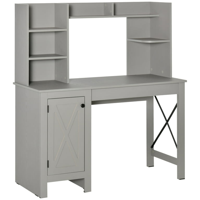 HOMCOM Farmhouse Computer Desk with Hutch and Cabinet Home office Desk with Storage for Study Light Grey