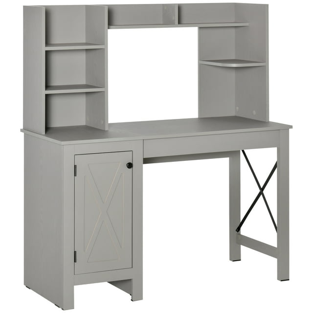 HOMCOM Farmhouse Computer Desk with Hutch and Cabinet, Home office Desk with Storage, for Study, Light Grey